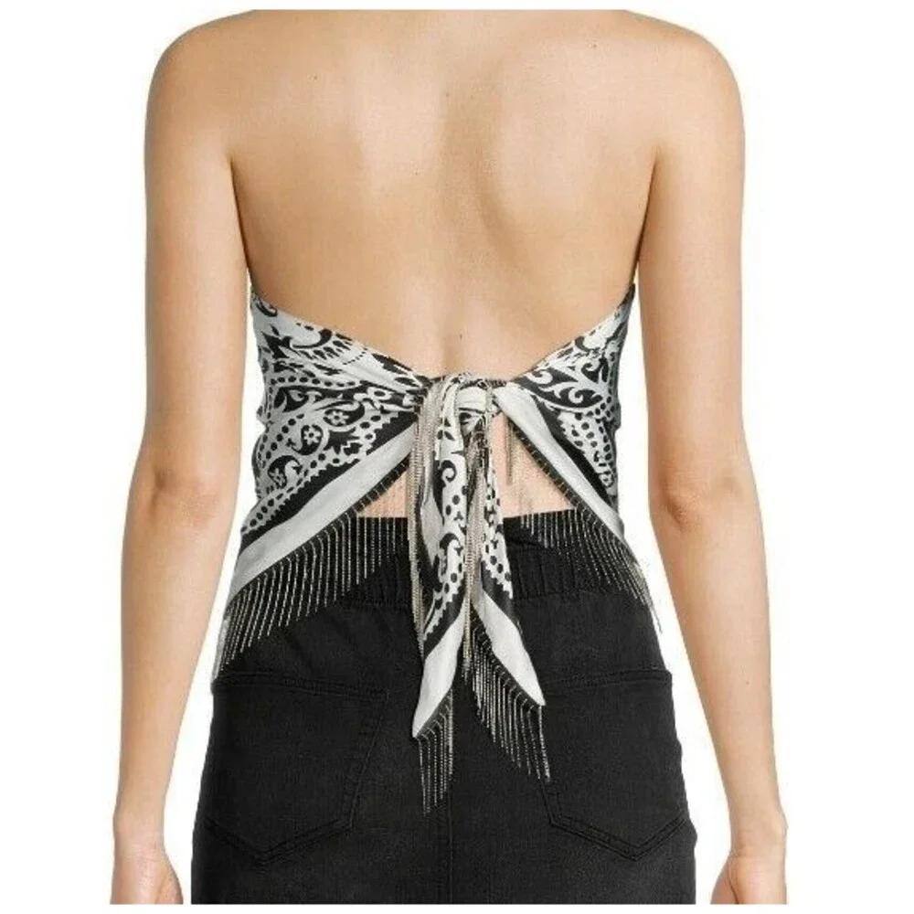 Black Paisley Bandana Rhinestones Fringe Tube Top Scarf Western Whimsigoth Sexy